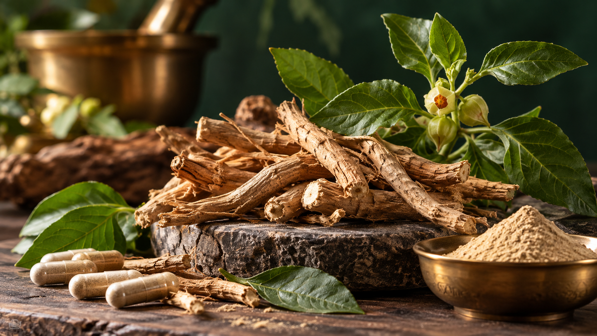 Ashwagandha roots and botanical ingredients — Withania somnifera Ayurvedic wellness